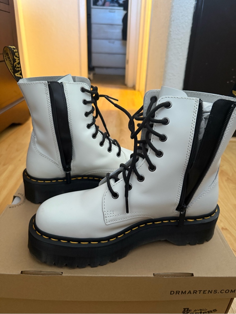 Dr. Martens White Leather Platform Lace-Up Boots with Black Accents